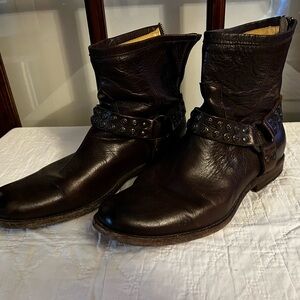 Frye Chocolate Leather Ankle Boots with Studded Straps